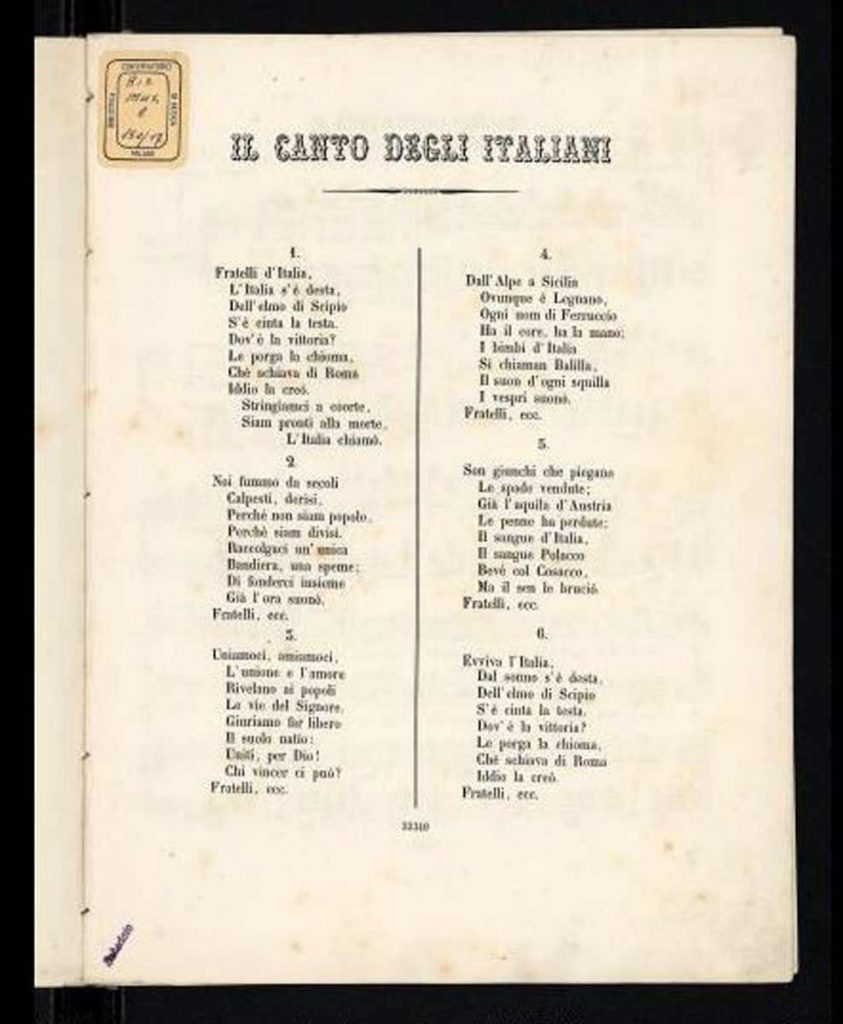 Edição do Hino nacional da Itália de 1860, impressa por Tito I Ricordi