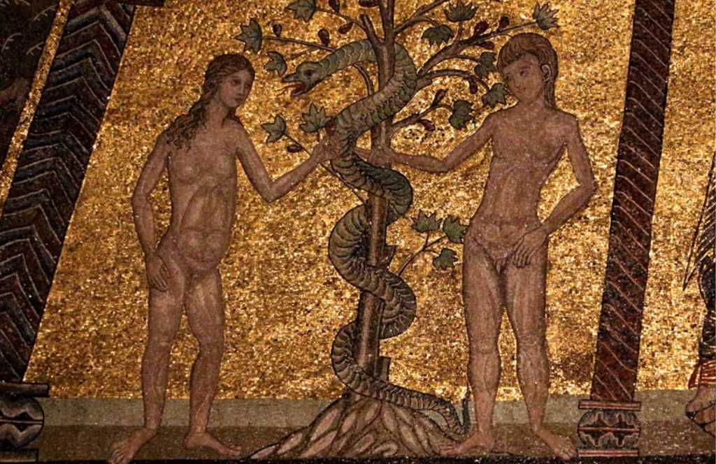 Mosaico italiano em ouro - Adão e Eva